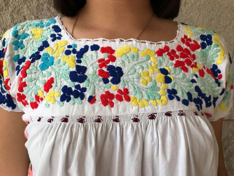 frida sundress mexican boho hippie kaftan ethnic maxi dress Colorful floral embroidery oaxacan vintage dress cotton short sleeve tunic