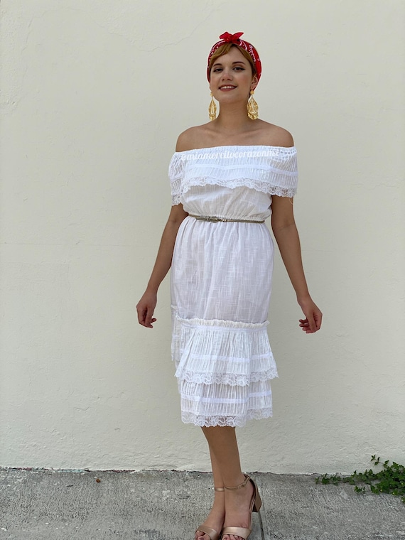 Off white vintage boho mexican dress women, pintuc