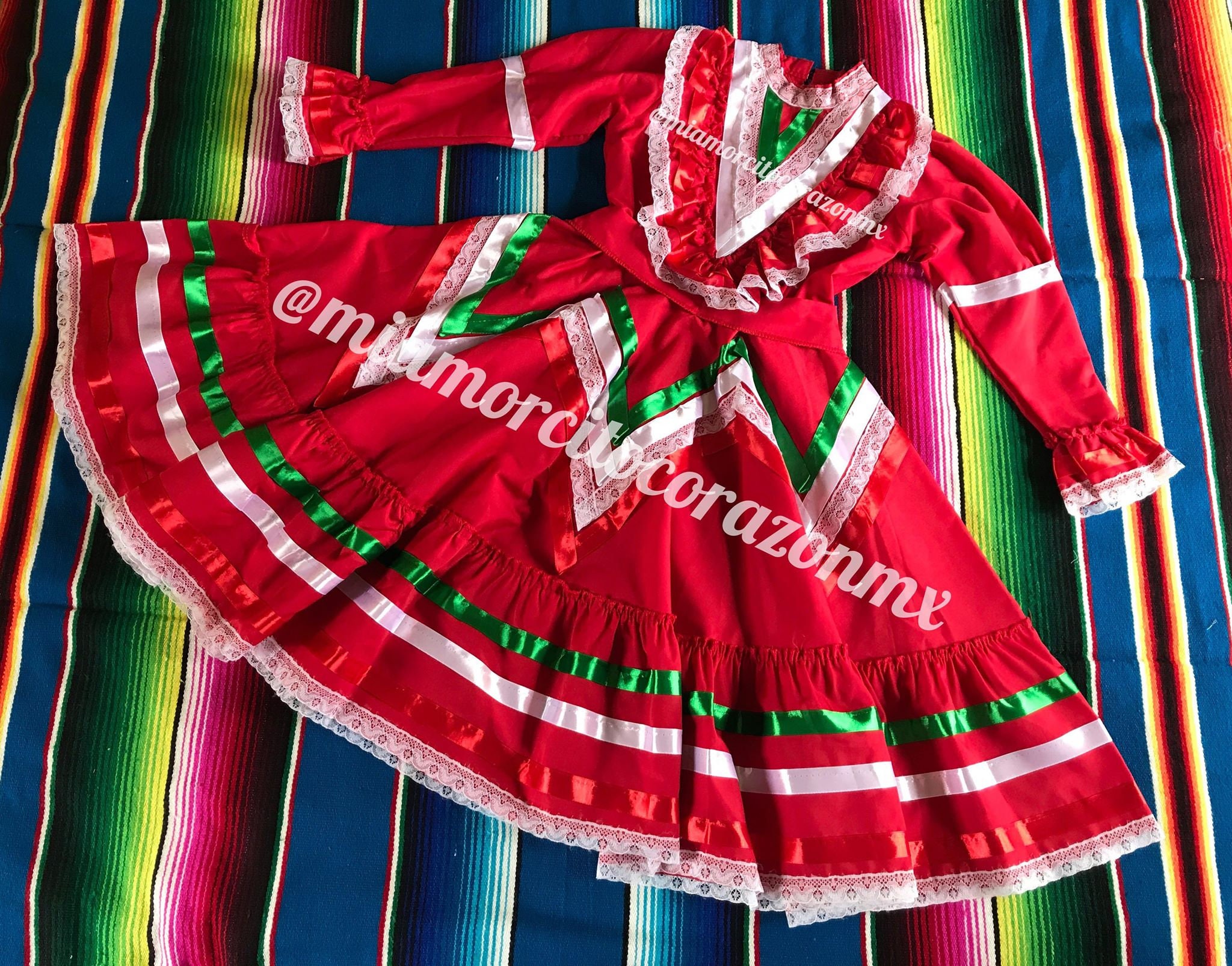 Red Tricolor Adelita Dress Mexican Jalisco Ribbon Dress - Etsy