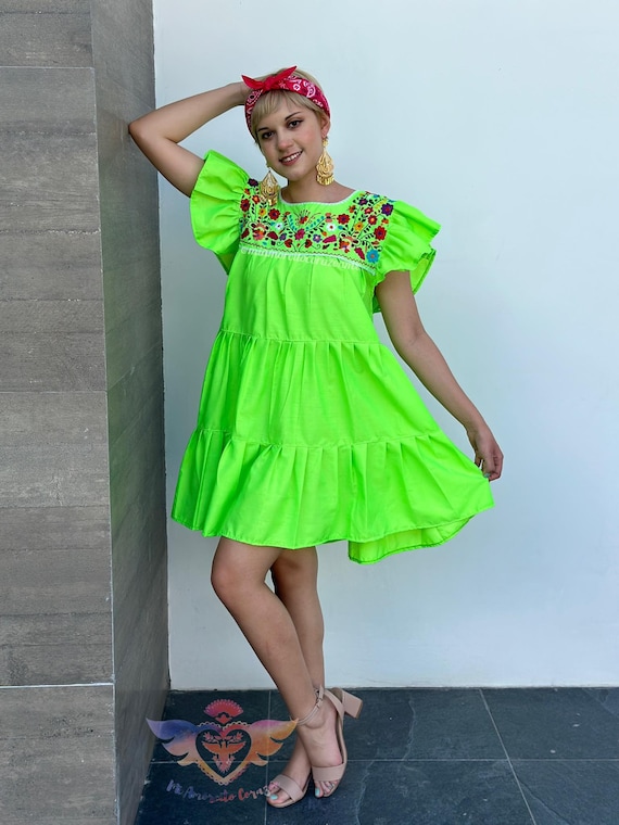 Neon Green Mexican dress, ruffled sundress, floral embroidery, festival wear, Modern boho hippie fashion, fiesta days, all eyes on me, party