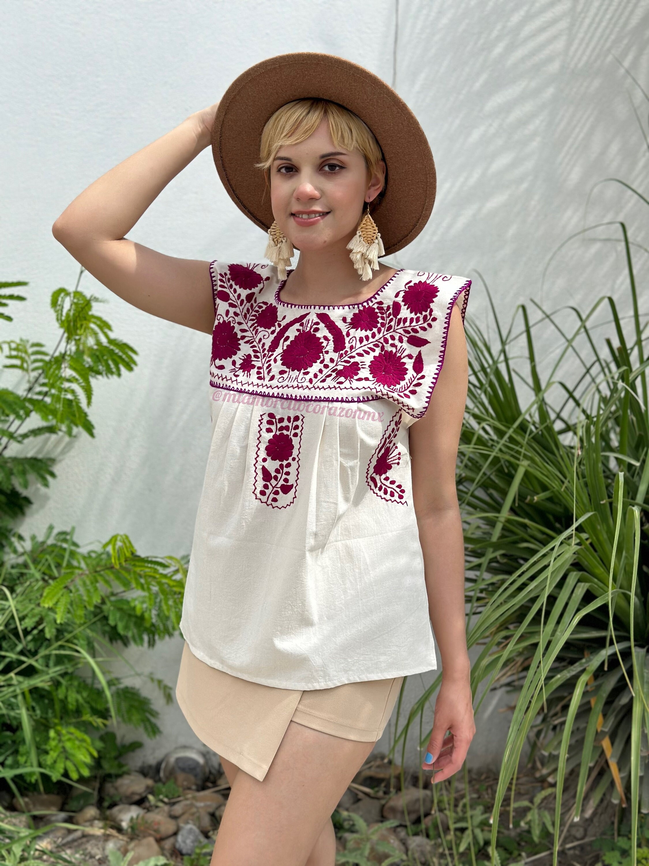 Summer Hand Embroidered Mexican Womens Blouse, Burgundy Floral
