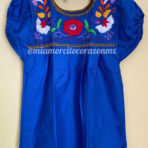 Colorful floral embroidery mexican blouse for girls, 4T-5T embroidered mexican shirts, cinco de mayo tops, frida costume, mexico blouse Azul