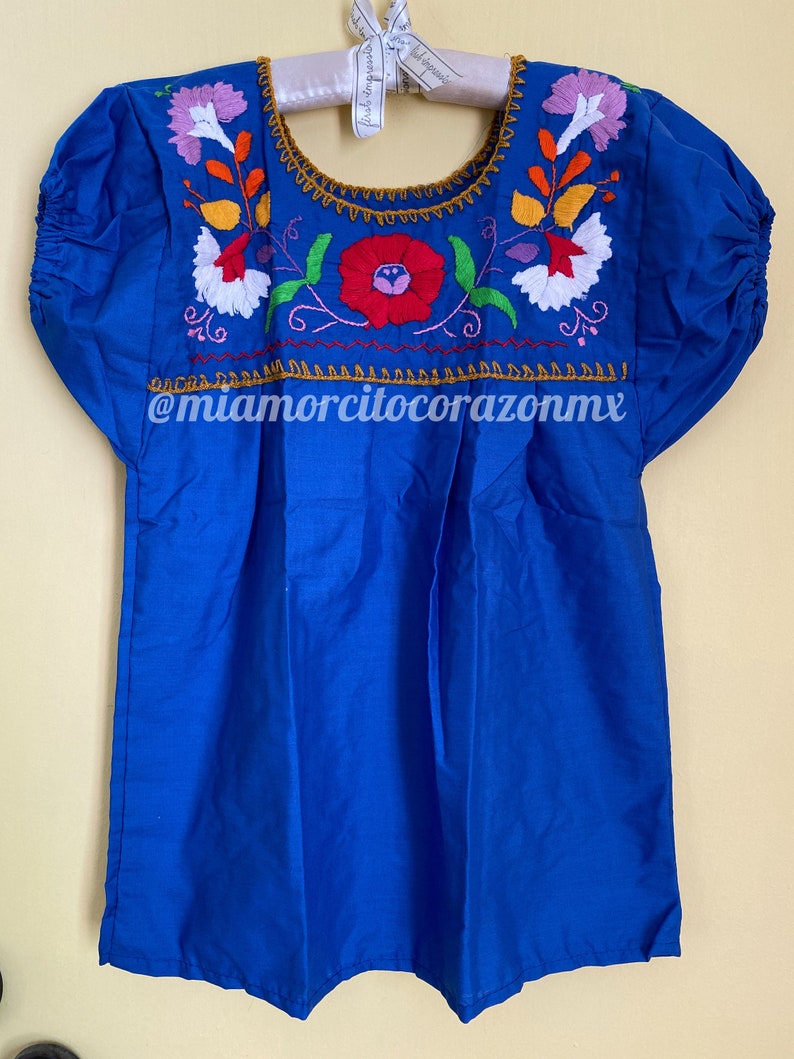 Colorful floral embroidery mexican blouse for girls, 4T-5T embroidered mexican shirts, cinco de mayo tops, frida costume, mexico blouse Azul