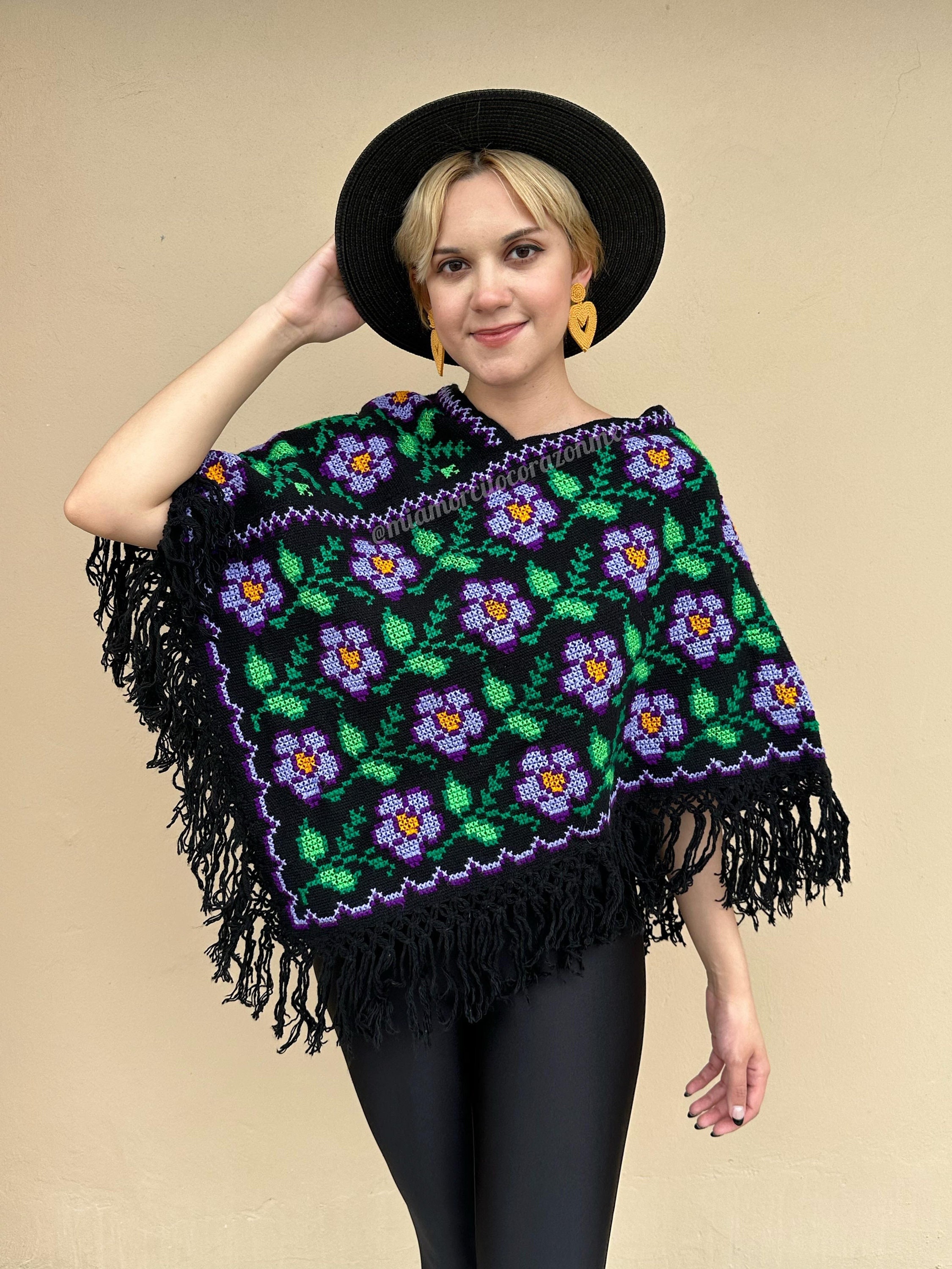 Floral Embroidery Mexican Poncho, Black Purple Embroidered Shawl