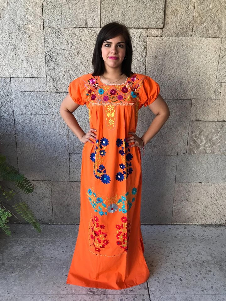 Vintage オレンジ メキシカンチュニック Floral Embroidery Vintage Orange Maxi Dress, Colorful Mexican