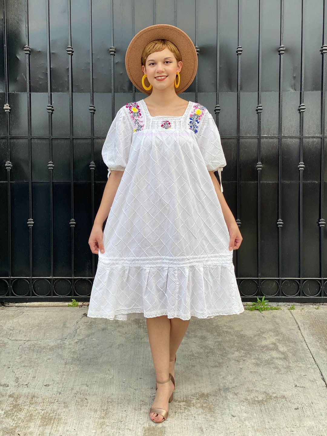70s Vintage Mexican Pin Tucked Dress, off White Cotton Bubble