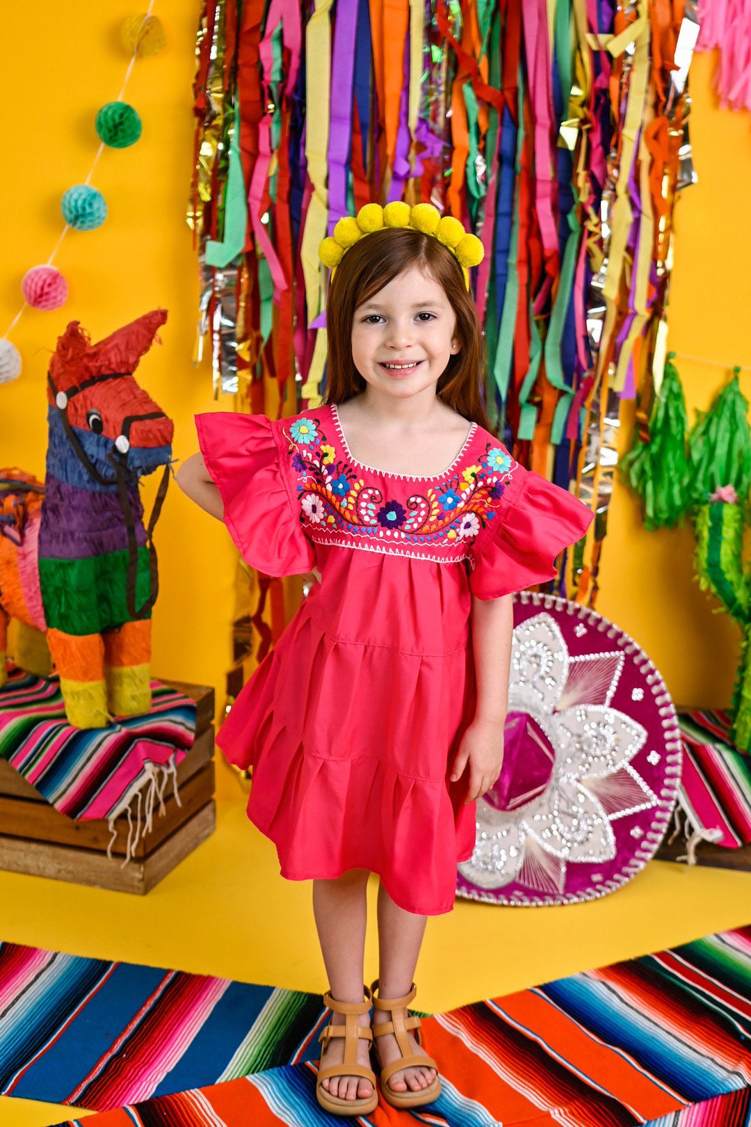 Vestido con volantes bordado rosa caliente para niñas, vestido mexicano  escalonado, túnica de fiesta, bordado floral arco iris, taco dos días,  cinco