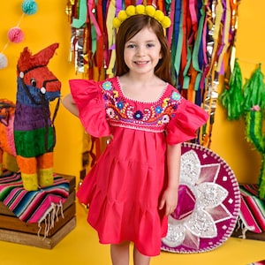 Hot pink embroidered ruffled dress for girls, tiered mexican dress, fiesta tunic, rainbow floral embroidery, taco twosday, cinco de mayo
