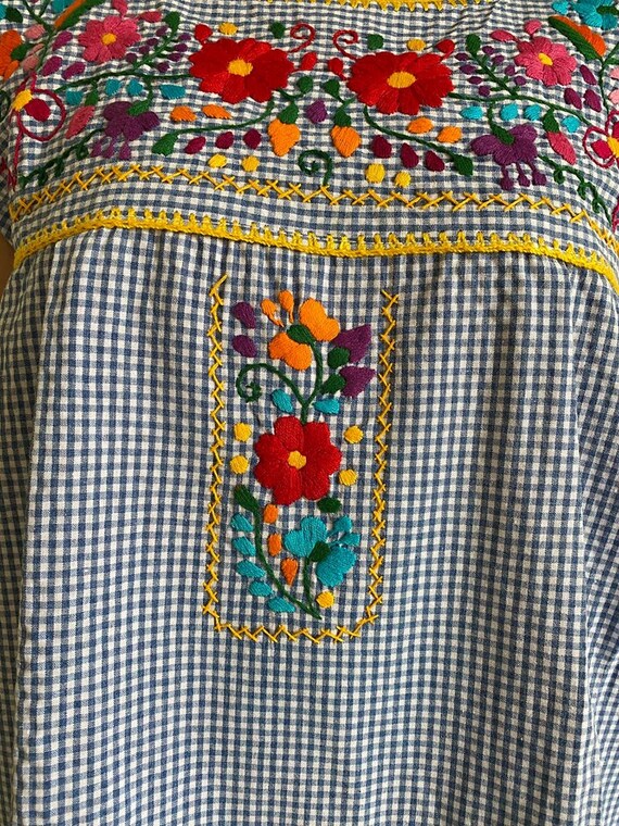 Blue Gingham Floral Embroidery Womens Blouse, Embroidered