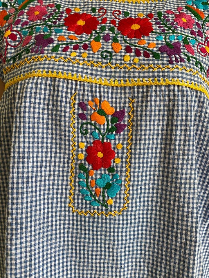 Blue Gingham Floral Embroidery Womens Blouse, Embroidered