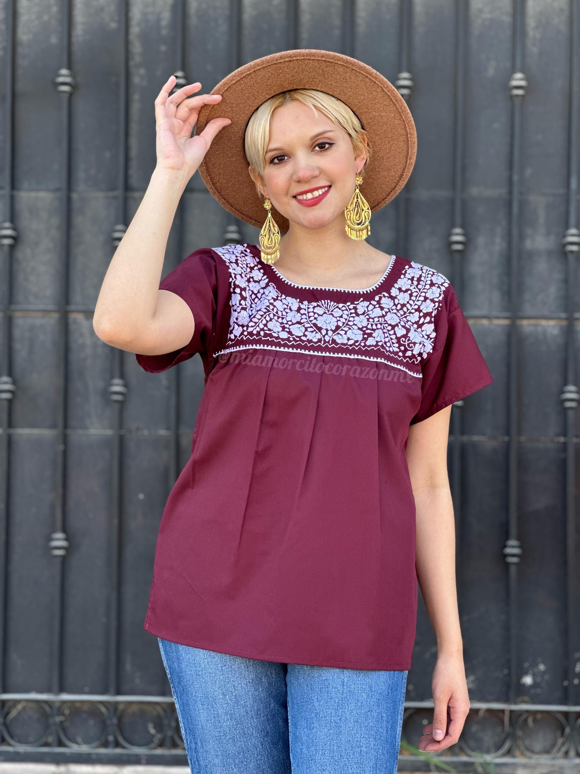 Maroon and White Floral Embroidery Short Sleeve Top, Embroidered