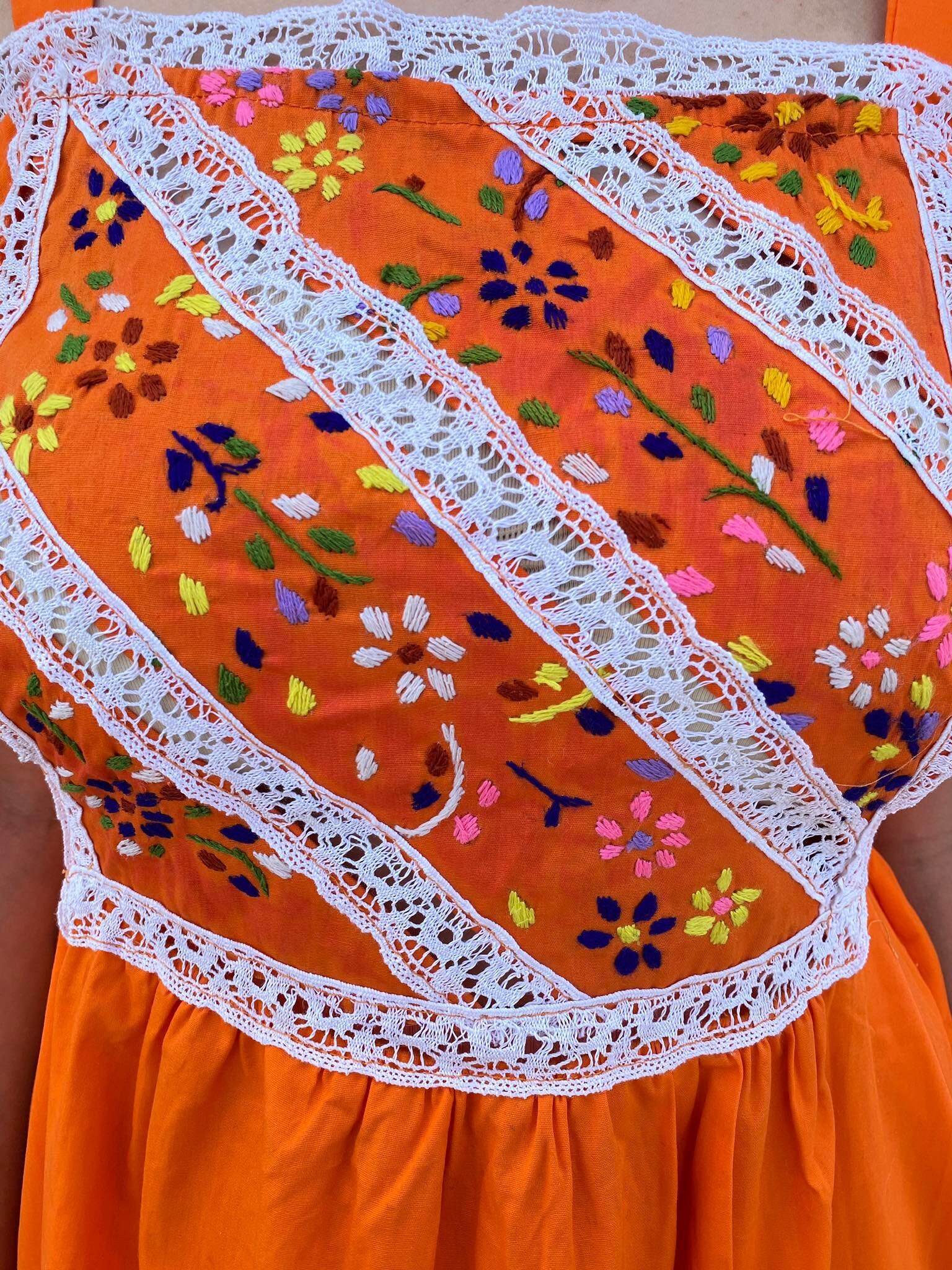 90s Neon Orange Vintage Mexican Dress, Multicoloured Floral