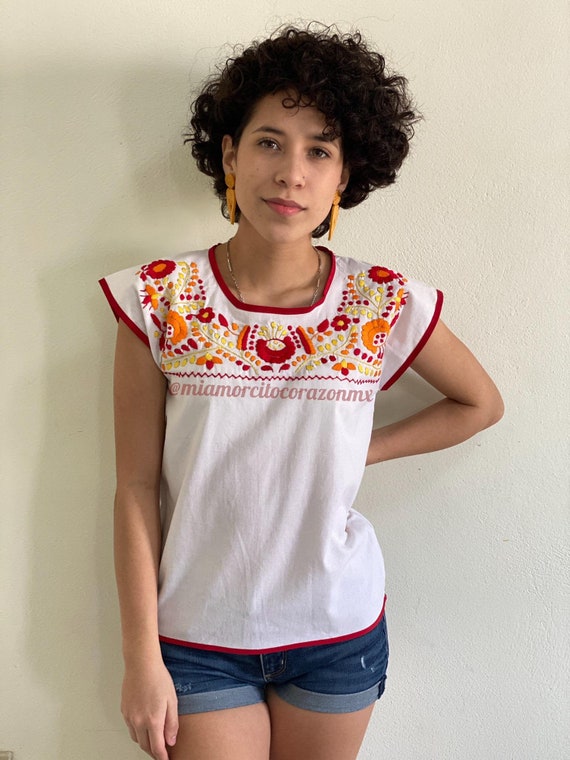 Blusa mexicana bordada floral blanca bordado floral rojo top Etsy México