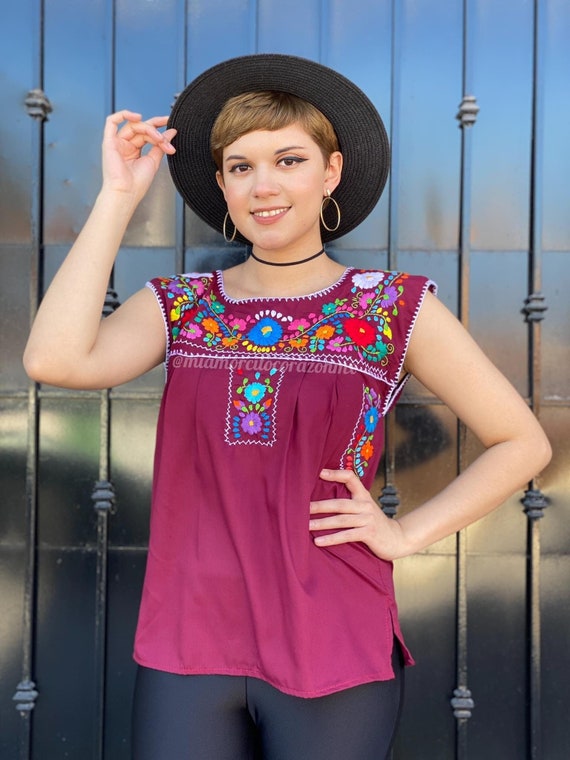 Camisa mexicana bordada en borgoña fiesta de mujer - Etsy España