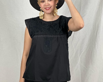 Hand embroidered Black Mexican blouse, black flowers sleeveless top, fiesta wear, gala Mexican shirt, black on black, chic fiesta day outfit
