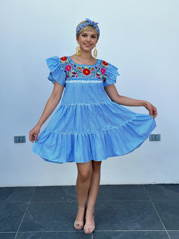 blue and white mexican dress Turquoise gingham sundress, checkered dress, layered tunic, Puebla ruffled dress, travel fashion girl, fun fiesta outfit brings you the best