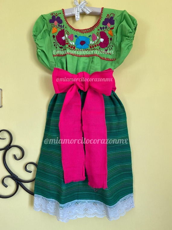 serape bridesmaid dress Green Mexican Dress, Multicolor Embroidered Flowers Top, Mexican Wedding Flower Girls Outfit, Mexico Traditional Dress, Fiesta line Fabric
