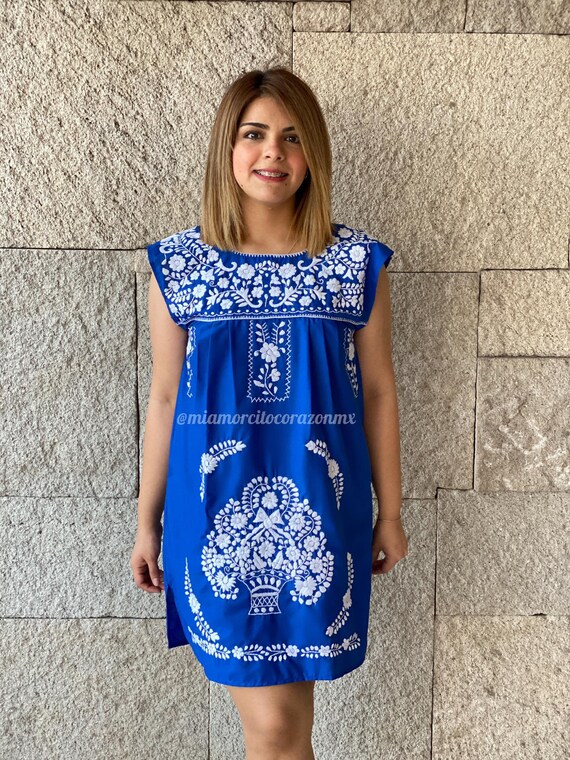 Blue Mexican Dress Women cotton Short Sleeve Sun Dress LARGE