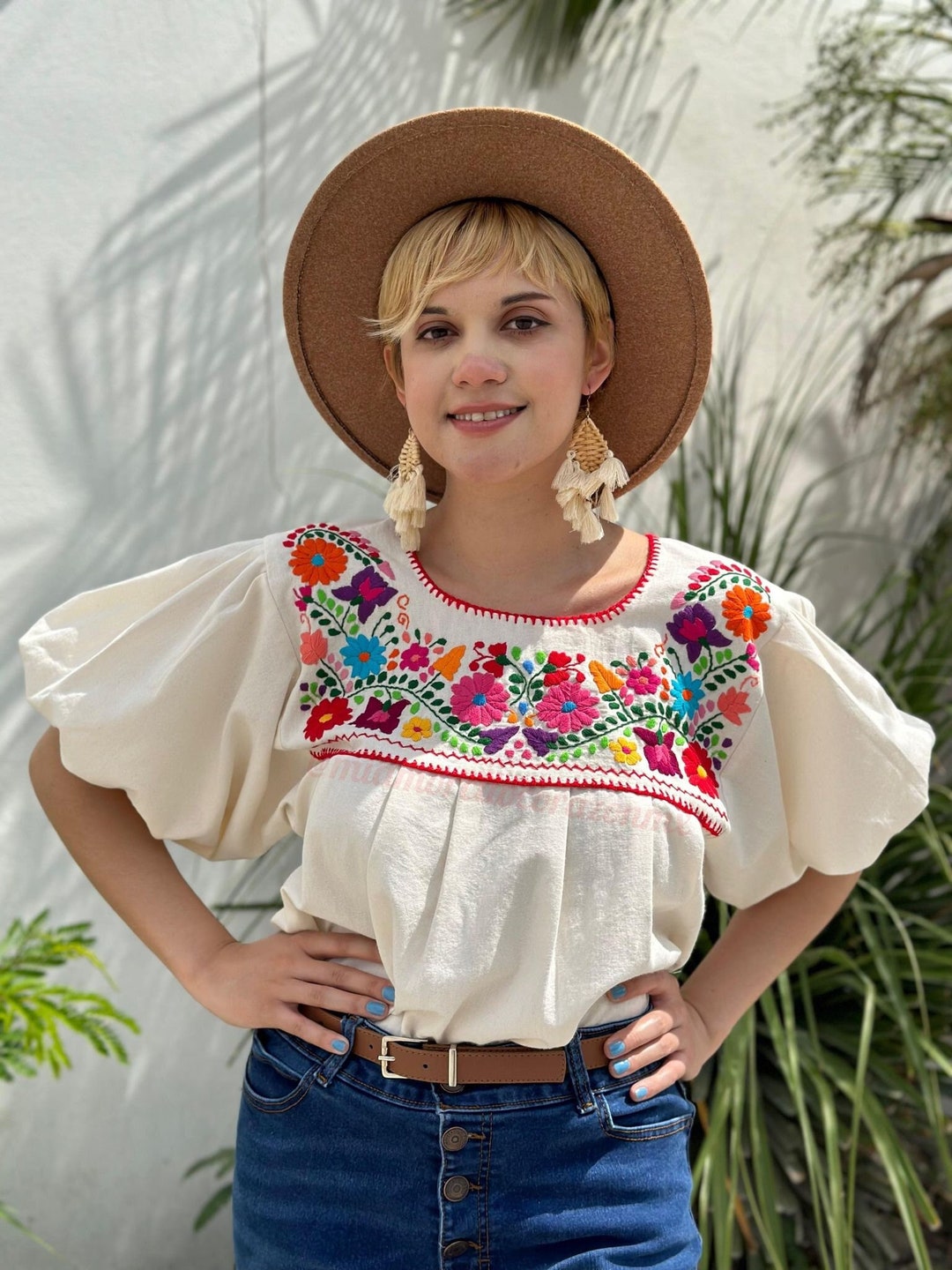 Beige Puff Sleeve Mexican Blouse, Colorful Hand Embroidered