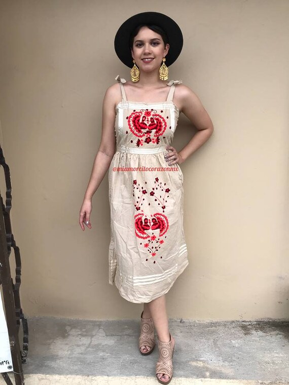 Vintage Beige Otomi Mexican Dress, Red Floral and Birds Embroidery, Hand Embroidered Vintage 90s Dress, Bohemian Style Sundress, Hippie Top - Etsy Vintage Beige Otomi Mexican Dress, Red Floral and Birds Embroidery, Hand Embroidered Vintage 90s Dress, Bohemian Style Sundress, Hippie Top - Etsy