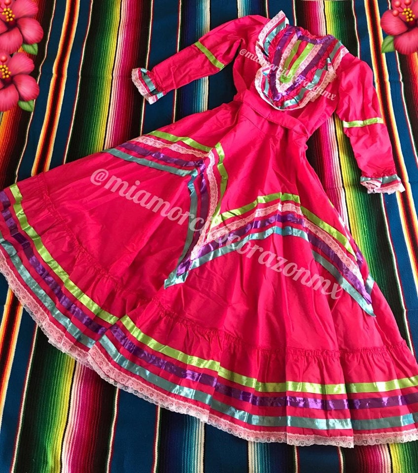 Vestido de Jalisco mexicano rosa intenso vestido de adelita - Etsy México