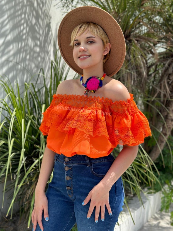 Y2K Orange Mexican Blouse, off the Shoulder Top With Lace, Boho