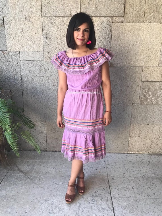 Lilac vintage mexican dress, senorita fiesta dress