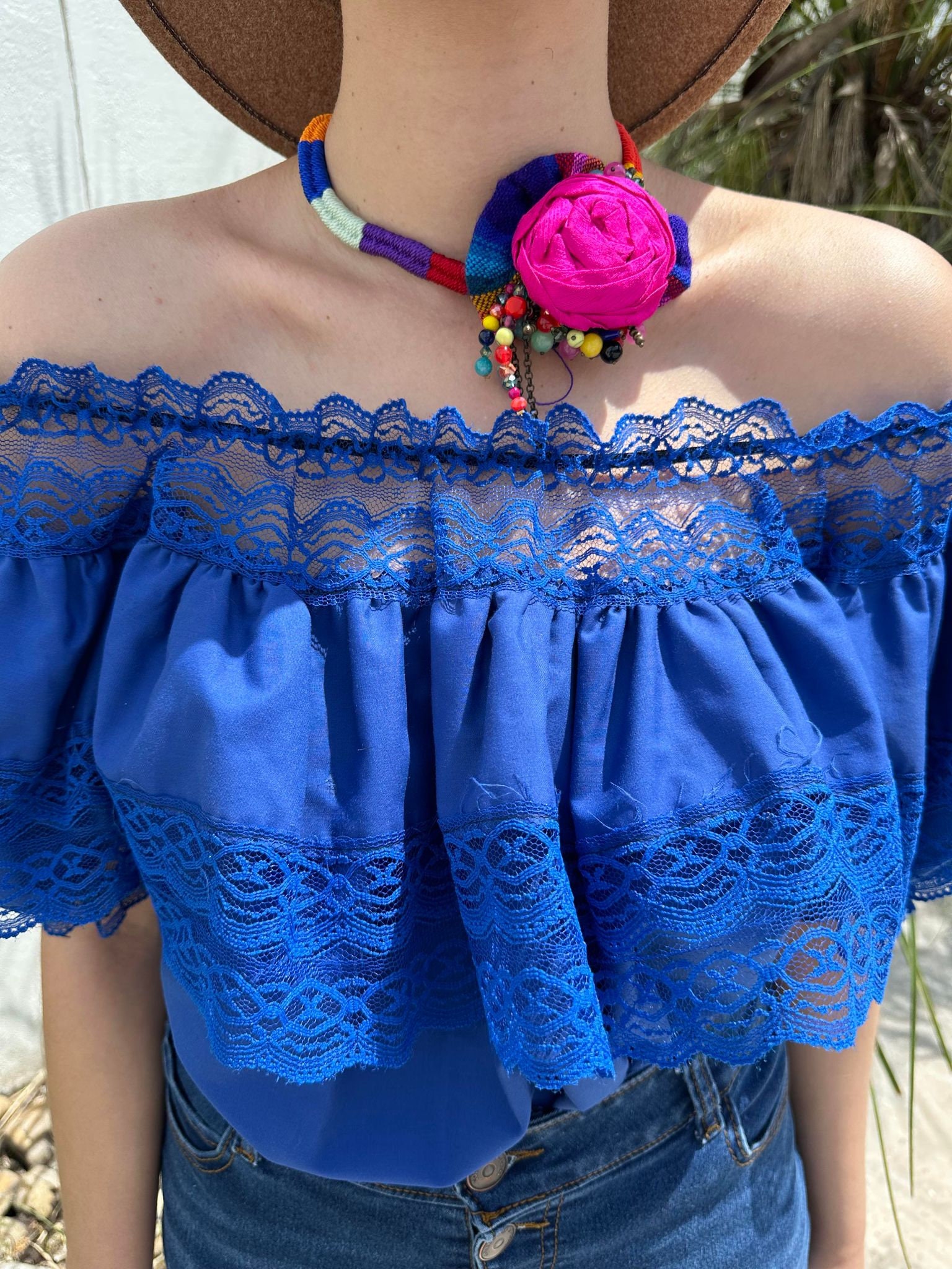 Vintage Electric Blue off the Shoulder Mexican Top, Y2K Boho