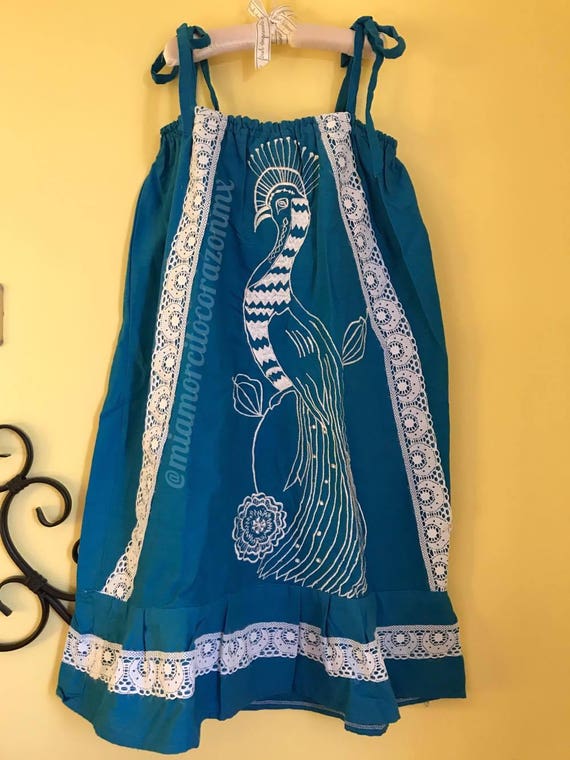 Vintage 80s turquoise mexican dress, white peacoc… - image 1