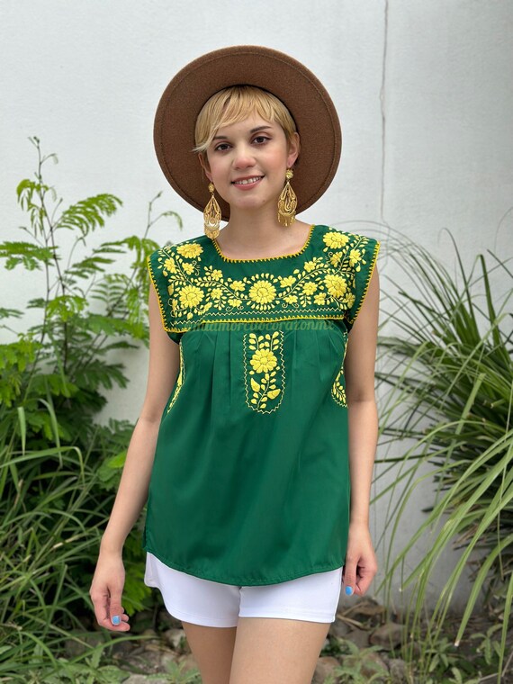 Embroidered Green Blouse, Yellow Floral Embroidery, Mexican Top
