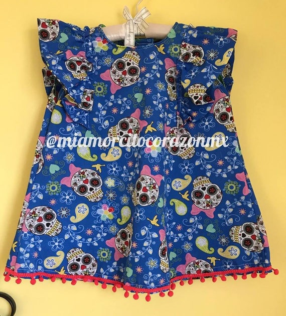 blue skull dress Day of the Dead Baby Dress, Calavera Print, Pom Pom Fiesta Tunic, 2T Black Sequin Wide Straps Montce Color:Walnut and Putty Grey Feel like the Queen