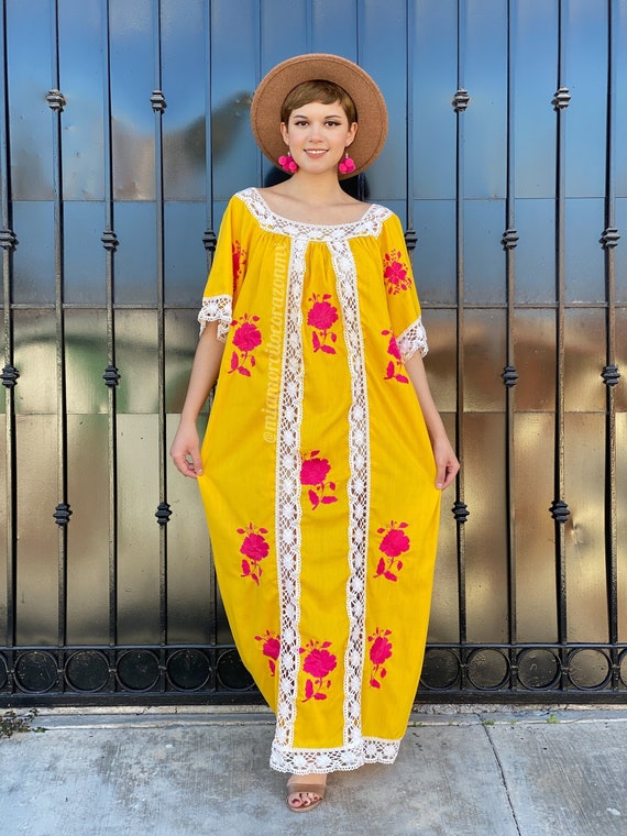Vintage floral embroidered mexican dress for women, bohemian yellow kaftan, beige crocheted lace, summer ceremony dress, southwestern style Vintage floral embroidered mexican dress for women, bohemian yellow kaftan, beige crocheted lace, summer ceremony dress, southwestern style