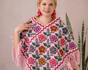 Poncho mexicano rosa bebé con bordado floral, capa tejida a mano en telar de cintura, estilo suroeste, chal de noche bohemio, punto de cruz