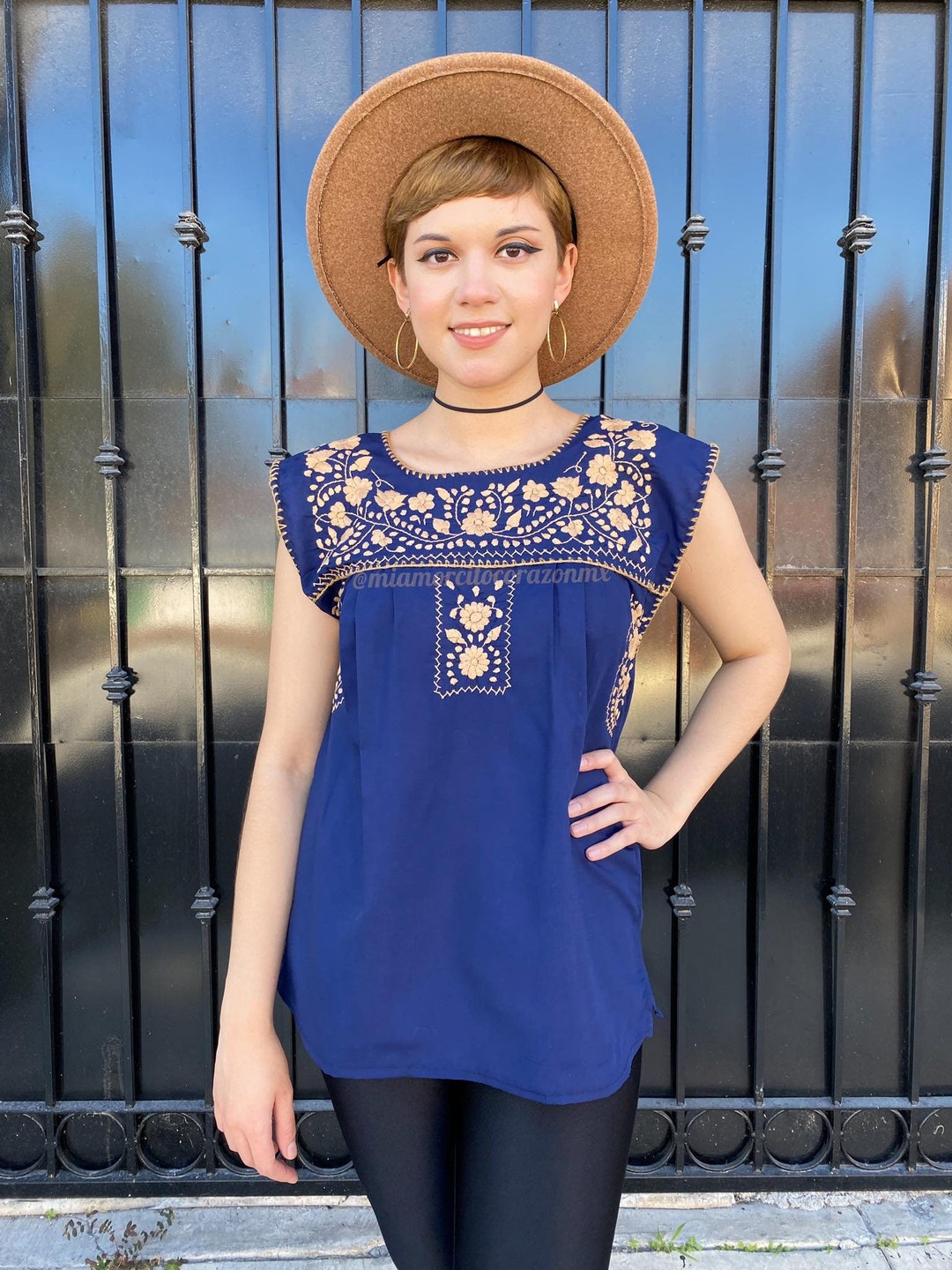 Navy Blue Floral Embroidered Mexican Blouse Cotton Sleeveless - Etsy