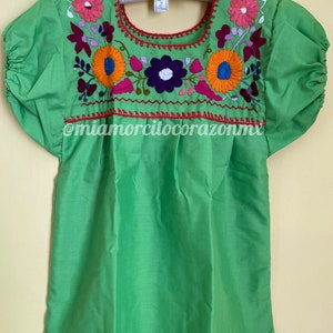 Colorful floral embroidery mexican blouse for girls, 4T-5T embroidered mexican shirts, cinco de mayo tops, frida costume, mexico blouse Lime Green