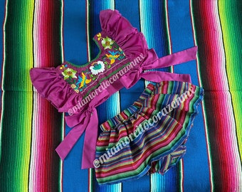 Girls mexican birthday outfit, colorful serape skirted bloomers, hand embroidered crop top, cinco de mayo dress, mexican dress girls, fiesta