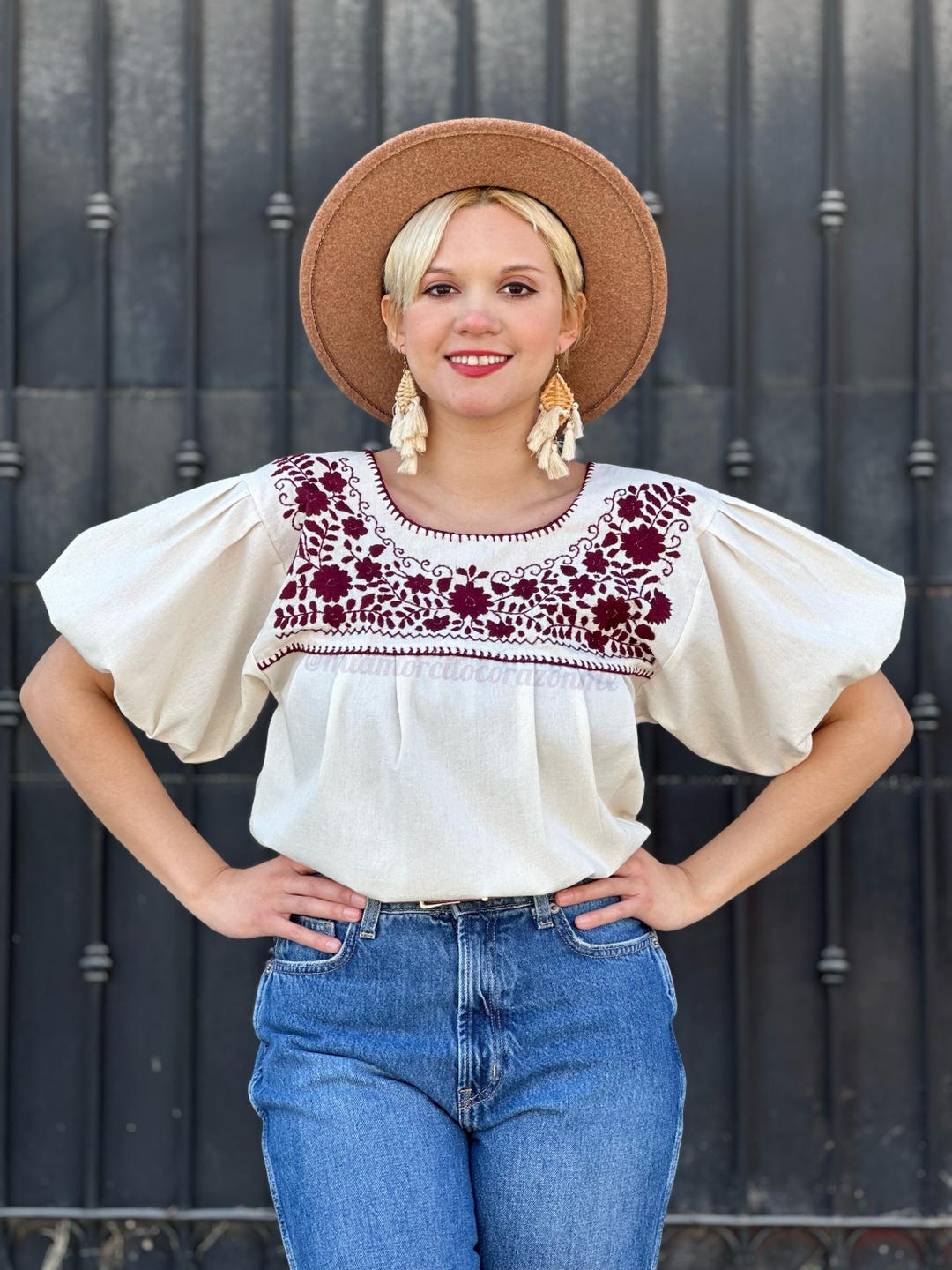 Puff Sleeve Mexican Embroidered Blouse, Beige and Burgundy Flowers