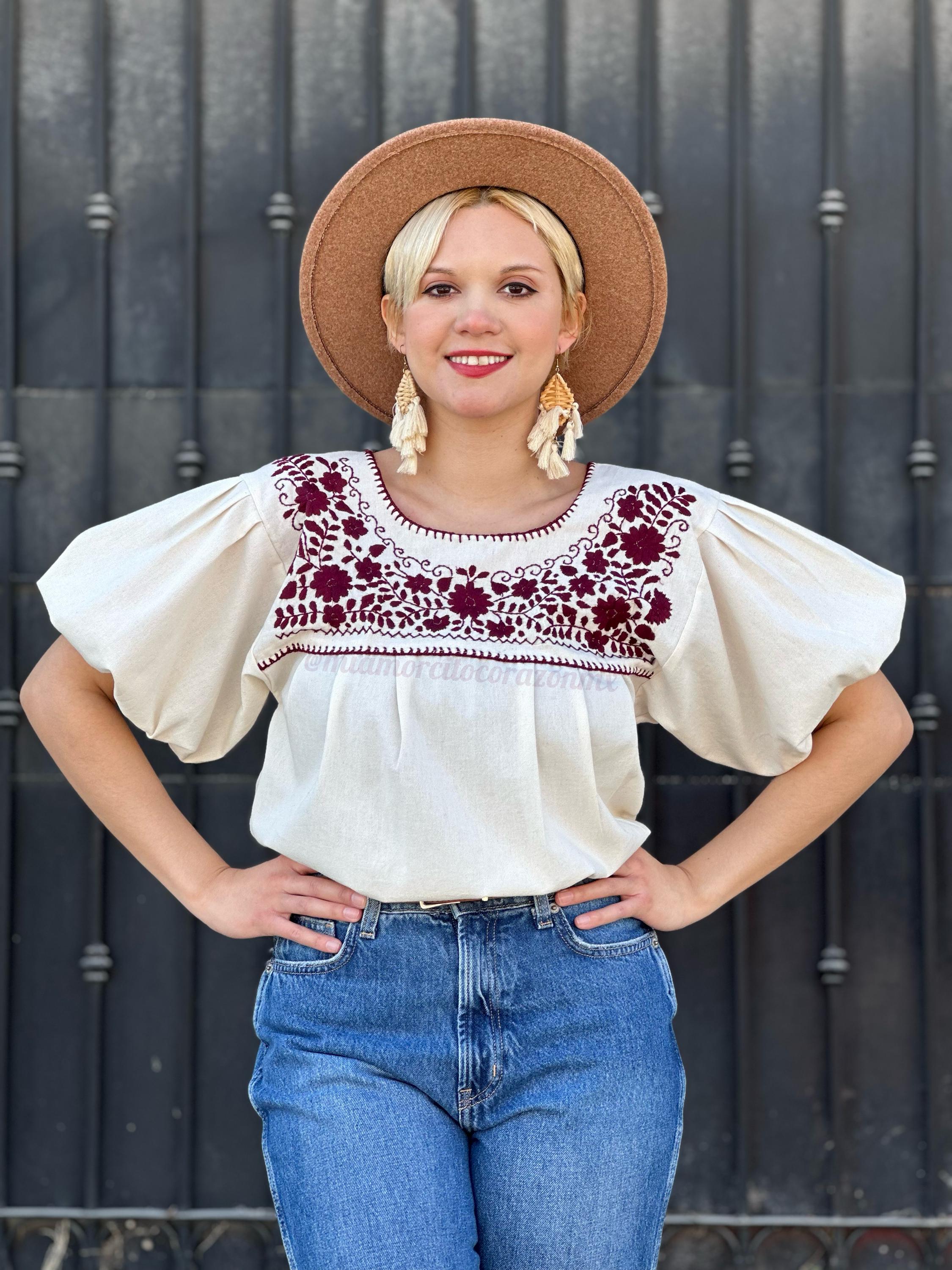 Puff Sleeve Mexican Embroidered Blouse, Beige and Burgundy Flowers