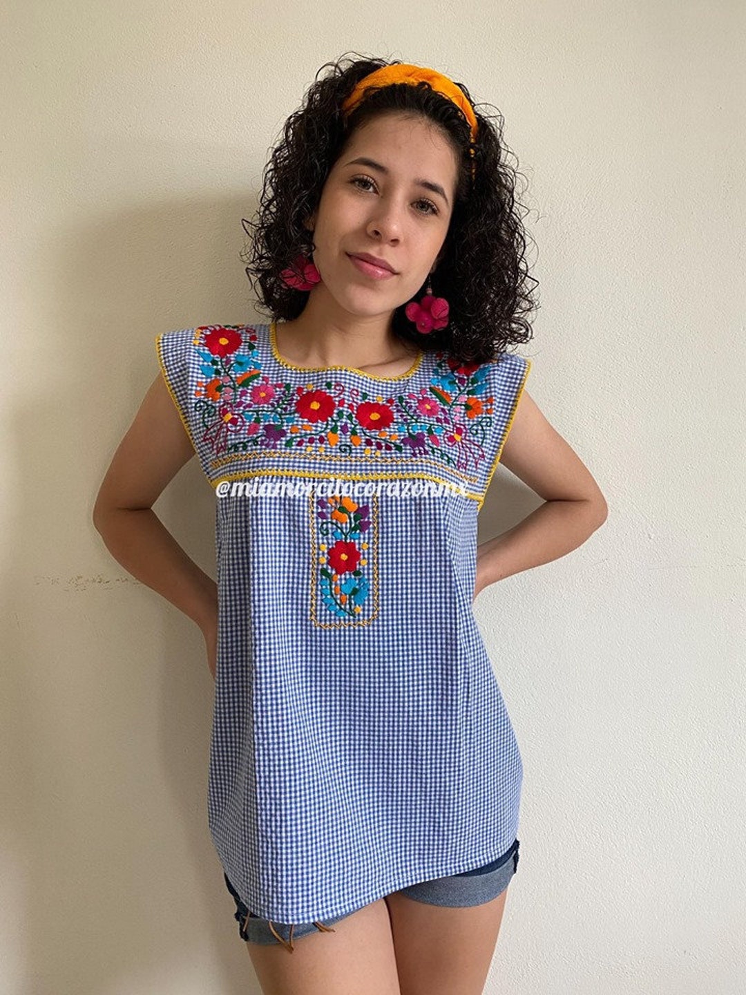 Blue Gingham Floral Embroidery Womens Blouse, Embroidered