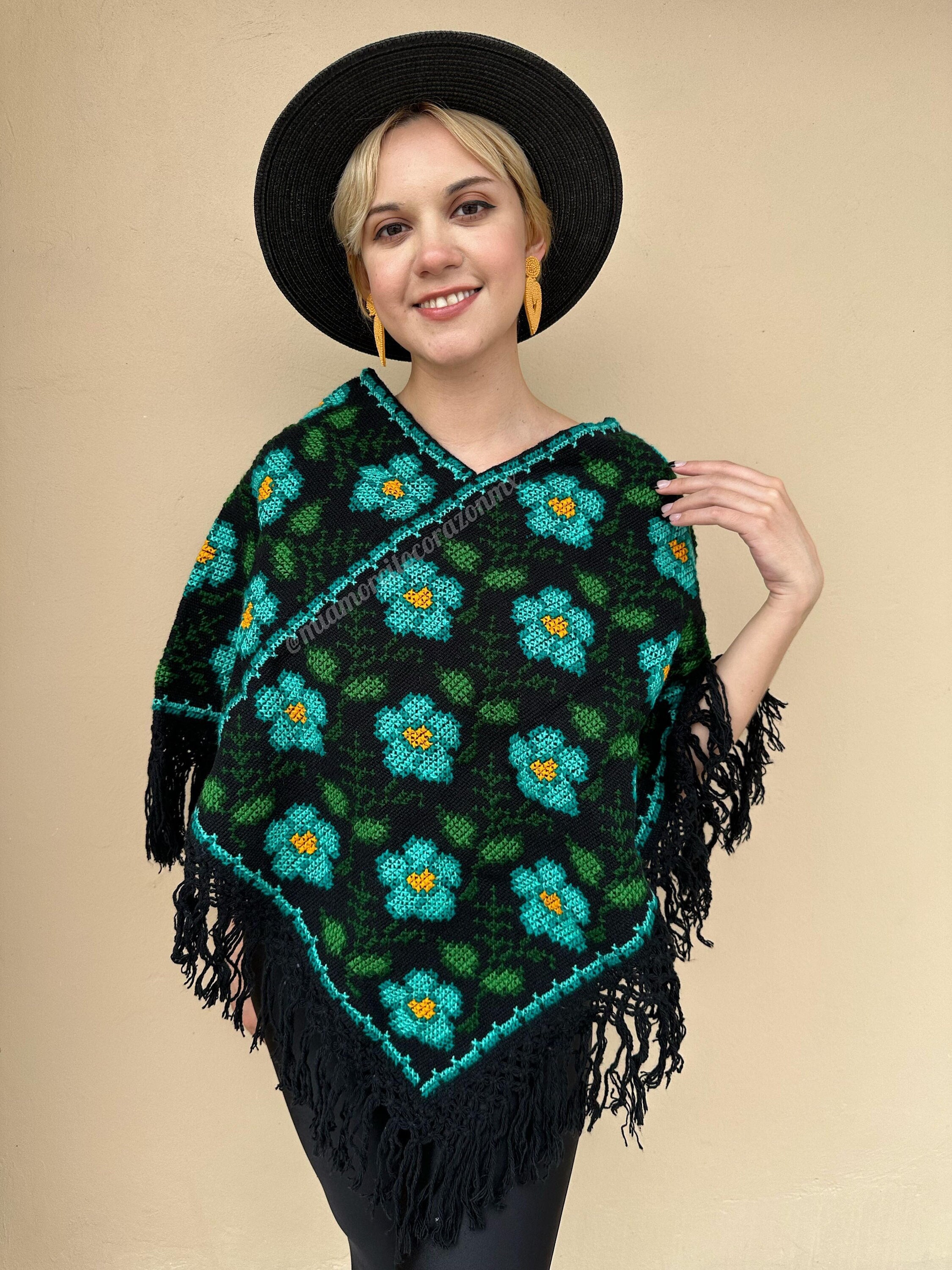 Mexican colorful poncho, hand embroidered cape, black and teal, floral mexican poncho, ethnic overcoat, tex mex overcoat, hippie shawl