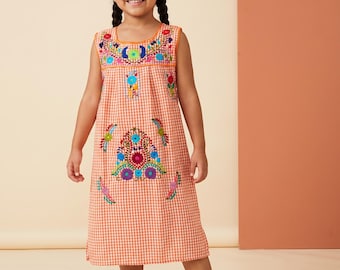 Orange and white gingham Mexican dress for girls, multicolor floral embroidery, vichy long tunic, sleeveless peasant dress, fiesta outfit