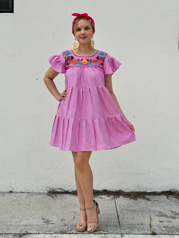 boho gingham dress Fiesta days mexican dress, pink gingham, Beach cover up, south american style, mexican summer dress, sundress Satin Draped Cowl Neck plus size resort dresses Partially lined at bust Size:US Size 10