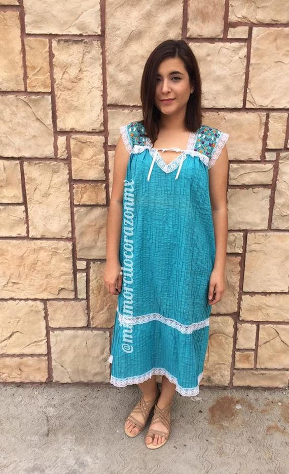 Turquoise floral embroidery pintuck dress, 70s pintucked mexican dress, lacey baby doll style tunic, grandmas summer tunic, floral sundress Turquoise floral embroidery pintuck dress, 70s pintucked mexican dress, lacey baby doll style tunic, grandmas summer tunic, floral sundress