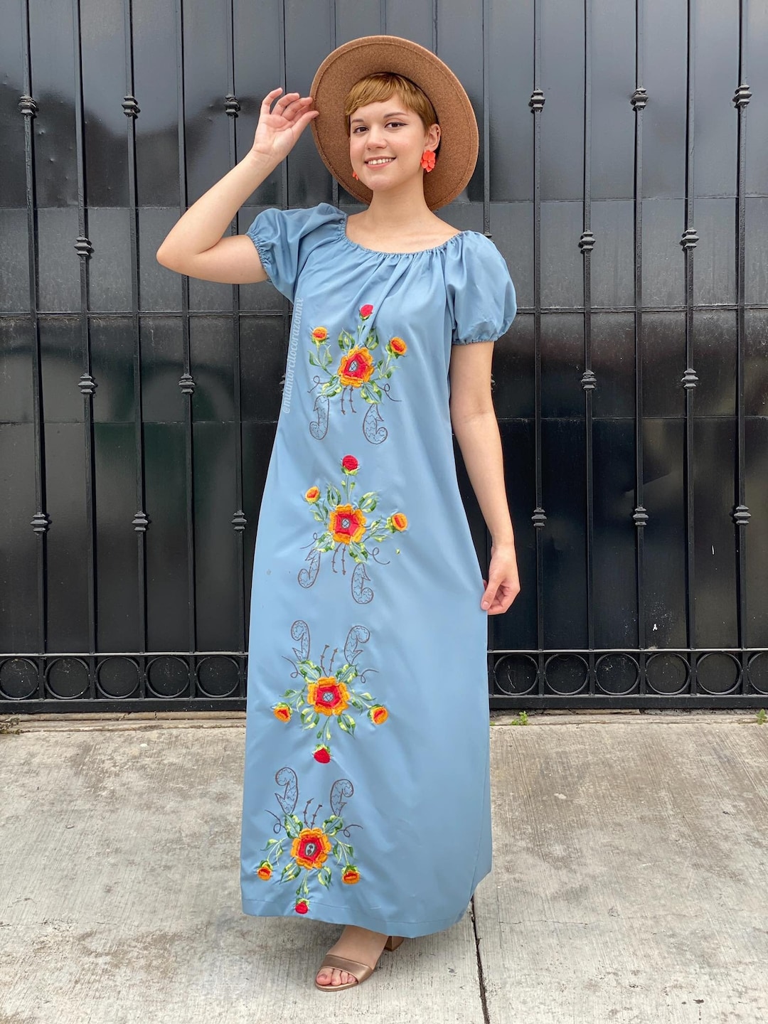 Vintage Embroidered Mexican Dress, , 80s Blue Kaftan, Boho Hippie