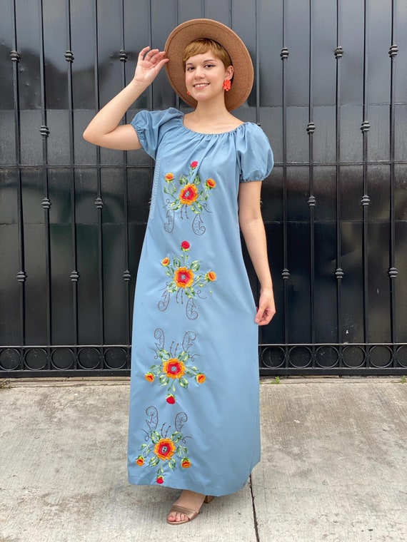 Vintage embroidered mexican dress, , 80s blue kaftan,… - Gem