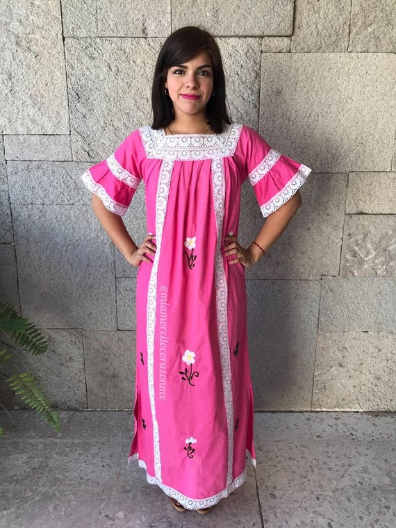 Vintage mexican dress women, Pink cotton bell slee