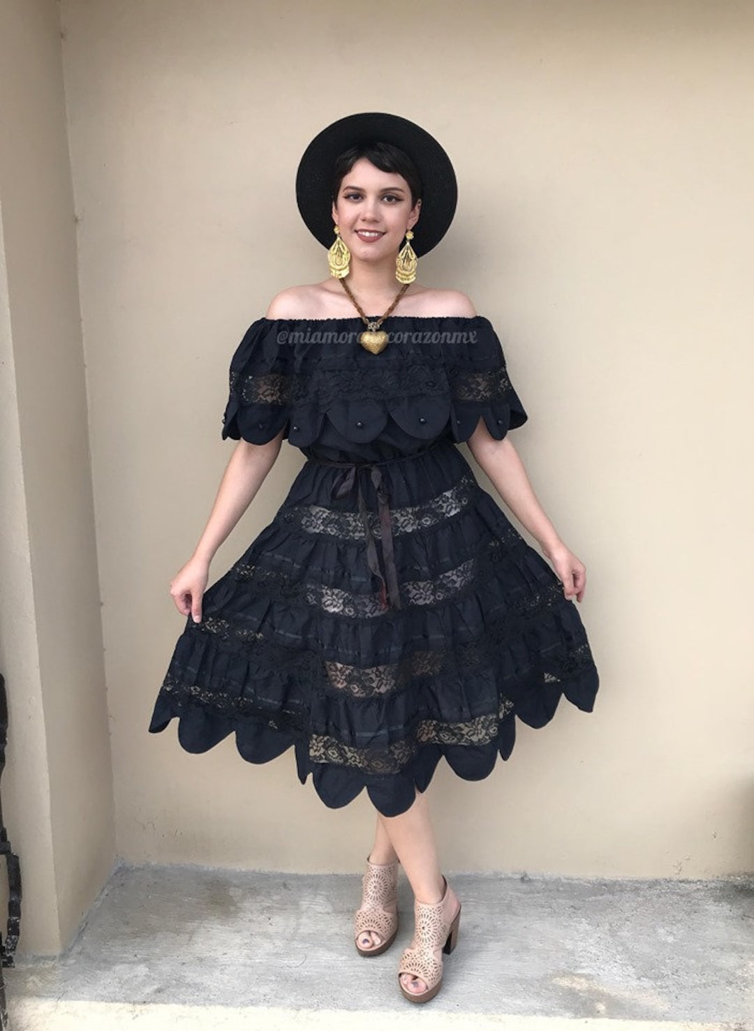 traditional mexican dress black Liana Navy Sunflower Dress – Little Wings Factory main image 1
