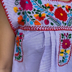 Peut inclure: Une blouse sans manches en vichy violet et blanc avec des fleurs brod&eacute;es color&eacute;es autour de l'encolure.