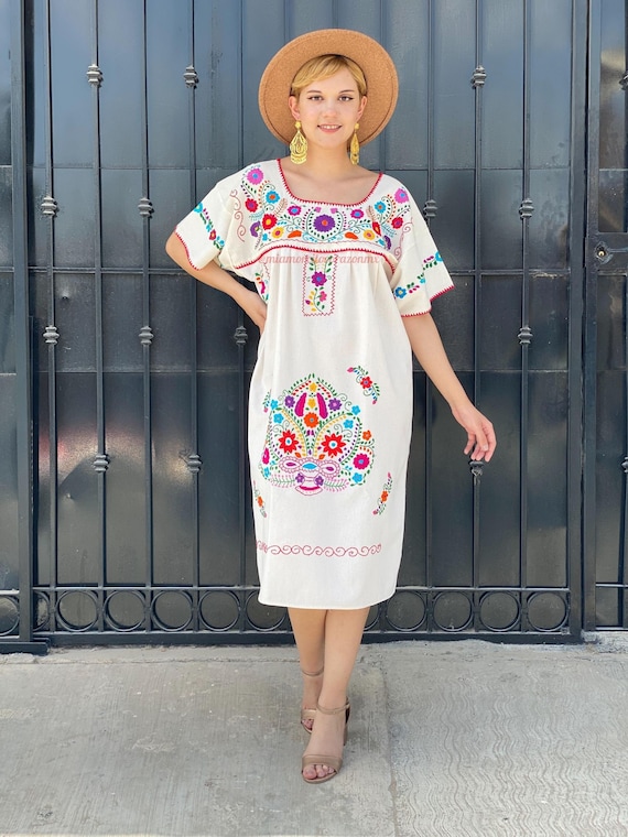 2X Colorful Hand Embroidered Dress, Cotton Mexican Dress, Womens Sundress,  Mexican Puebla Dress, Summer Dress, Beach Dress, Cruise Wear -   Australia