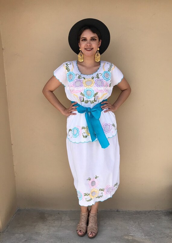 Multicolor floral embroidery vintage dress, colorful mexican blouse, off White cotton ethic skirt, boho hippie vacation dress, mexico dress Multicolor floral embroidery vintage dress, colorful mexican blouse, off White cotton ethic skirt, boho hippie vacation dress, mexico dress